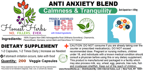 Anxiety & Stress Relief Blend - Ashwagandha Root, Chamomile, Damiana, Kava Kava 10:1 Extract, Lemon Balm, Passionflower - Honest Herbs - 450mg - 200 Veggie Caps