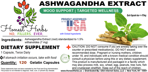Ashwagandha Extract - Standardized to 1.5% Withanolides - Targeted Wellness - 120 Gelatin Caps - 470 mg