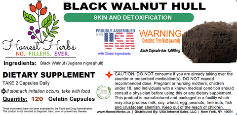 Black Walnut Hull -  (Juglans nigra) - Skin and Detoxification - 1000mg - 120 Caps