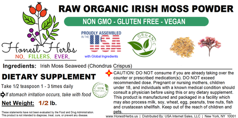 Organic Irish Sea Moss Powder - Chondrus Crispus - Raw, Vegan, Non GMO - Honest Herbs - 1/2 lb.